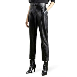 Ted Baker Belted Faux Leather Trousers Black Pleated High Waist Cropped Pants